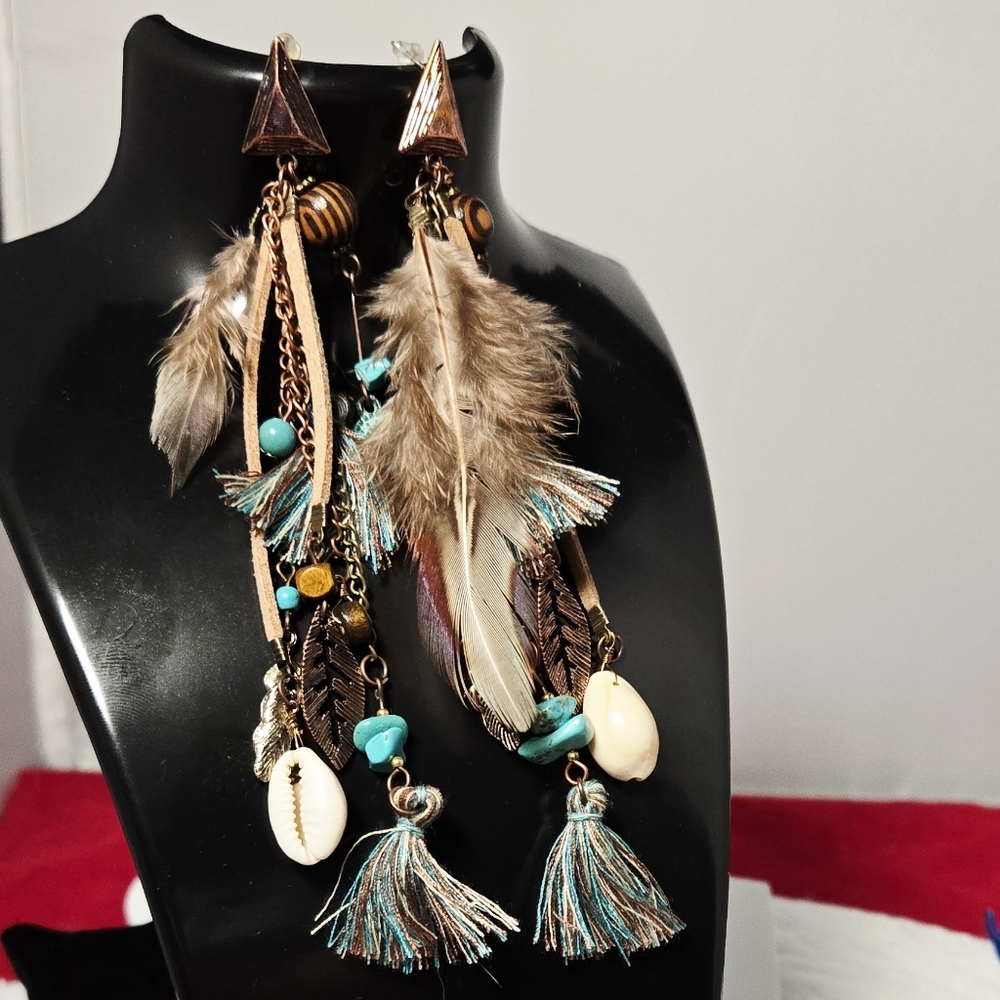 Long Bohemian Feather Tassel Earrings β Copper & Turquoise Festival Statement - Picture 6 of 7